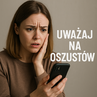 obrazek wygenerowany przez sztuczną inteligencje, wizerunek młodej kobiety z telefonem komórkowym w ręku i napis uważaj na oszustów