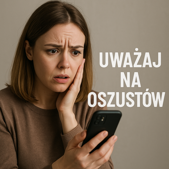 obrazek wygenerowany przez sztuczną inteligencje, wizerunek młodej kobiety z telefonem komórkowym w ręku i napis uważaj na oszustów