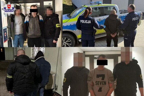 kolaż zdjęć osoby zatrzymane prowadzone przez policjantów