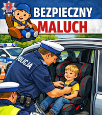 rysunek policjant i dziecko w samochodowym foteliku bezpieczeństwa