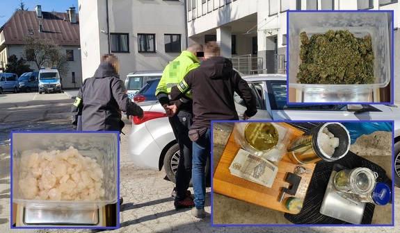 kolaż zdjęć zabezpieczone narkotyki, a w tle policjanci z zatrzymanym wsiadają do samochodu