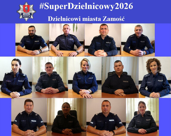 kolaż zdjęć, sylwetki policjantów dzielnicowych miasta Zamość