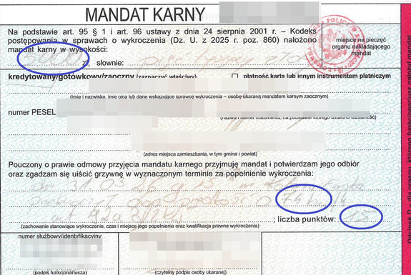 wypełniony blankiet mandatu karnego