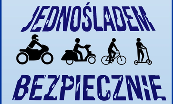 napis jednośladem bezpiecznie i rysunki motocyklisty, jadącego skuterem, rowerzysty i osoby na hulajnodze