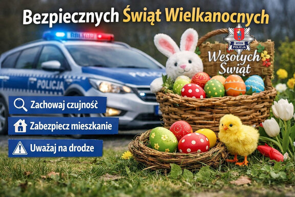 zdjęcie poglądowe (AI) w tle policyjny radiowóz logo Komendy Miejskiej Policji w Zamościu, koszyczek wielkanocny z pisankami kurczakiem i zajączkiem
