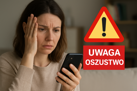 grafika poglądowa, kobieta z telefonem komórkowym w ręku, trójkątny znak ostrzegawczy i napis uwaga oszustwo