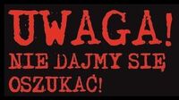 Czerwony napis na czarnym tle: Uwaga! Nie dajmy się oszukać!