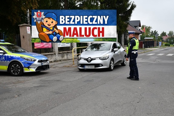 policjant ruchu drogowego stoi na ulicy, we wjeździe zaparkowany radiowóz, a ulicą jedzie samochód osobowy