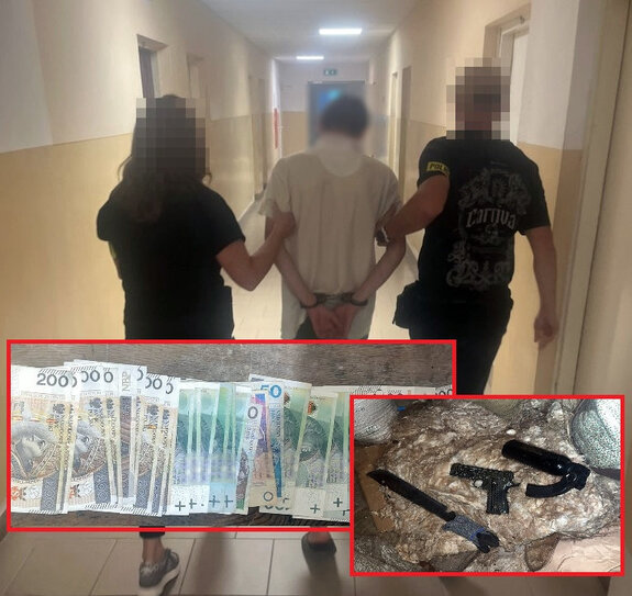 kolaż zdjęć, policjantka i policjant w strojach cywilnych prowadzą zatrzymanego mężczyznę, banknoty pieniędzy, maczeta, broń krótka i gaz