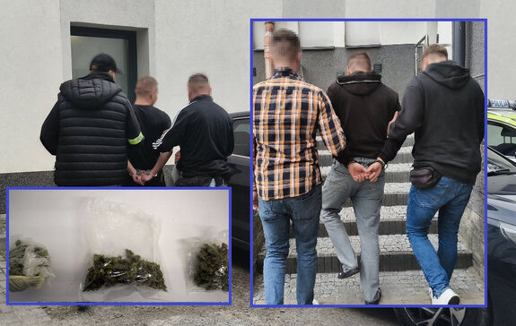 kolaż zdjęć, zatrzymani w asyście policjantów w czasie doprowadzenia oraz zdjęcie suszu roślinnego w workach
