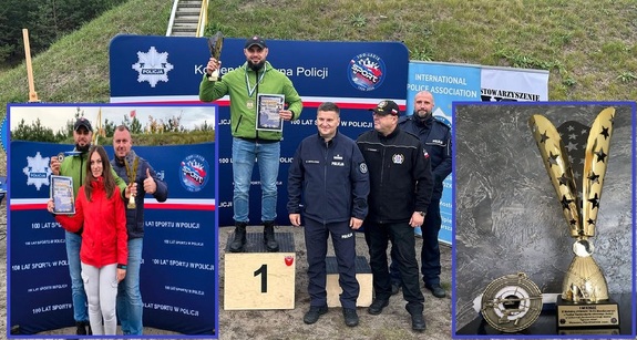 kolaż zdjęć, laureaci zawodów strzeleckich, zdjęcie pucharu