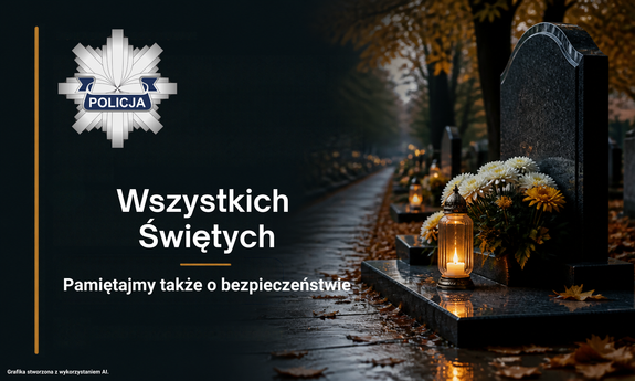 grafika, nagrobek i napis Wszystkich Świętych pamiętajmy też o bezpieczeństwie